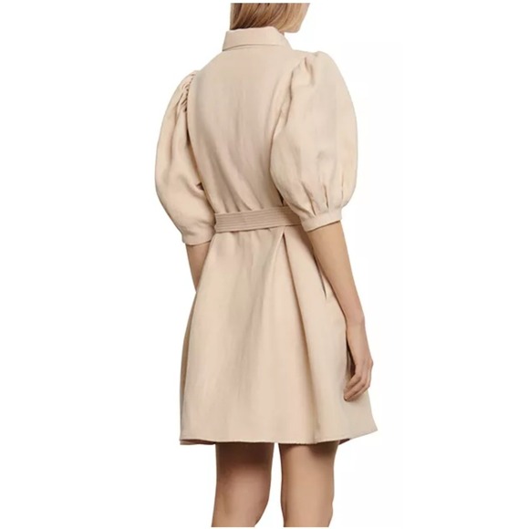 Sandro Paris Beige Cotton-Linen Belted Puff Sleeve Dress Sz4 Quiet Luxury Preppy - Picture 3 of 13